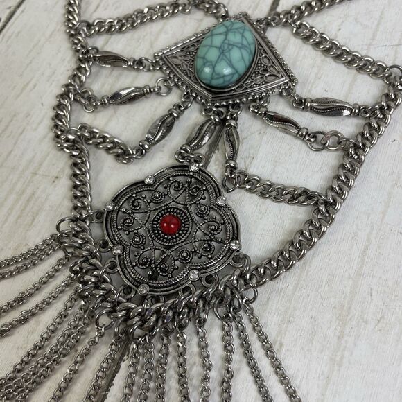 Bohemian Silver Tone Chain Necklace Turquoise & Red Stones Adjustable Length - Picture 5 of 10